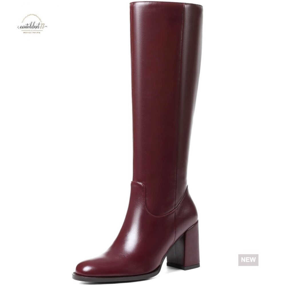Knee High Boots Chunky Heel Round Toe Side Zipper Wide Calf Tall Boots